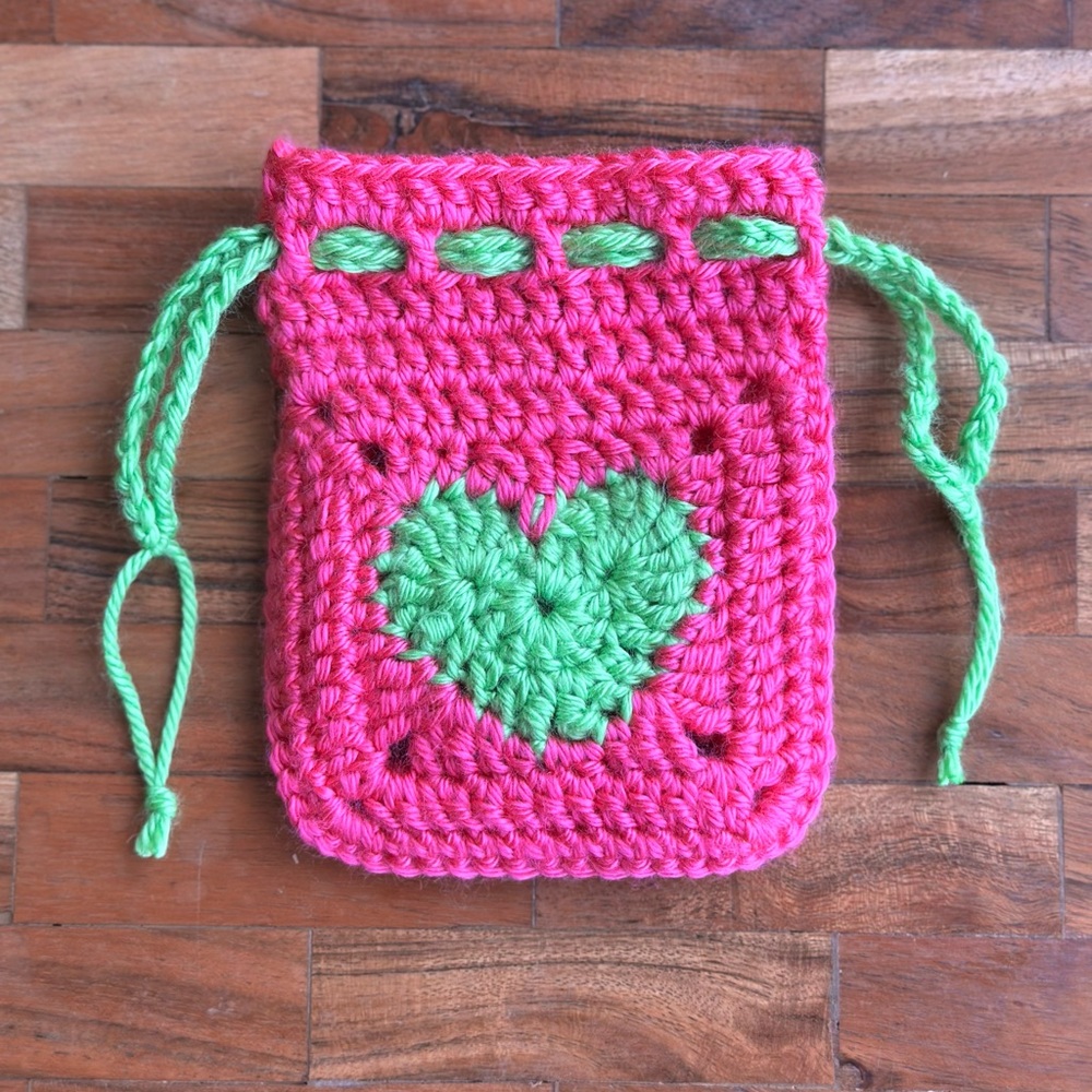 Handmade Crochet Pouch with Heart Design (Pink and Green)